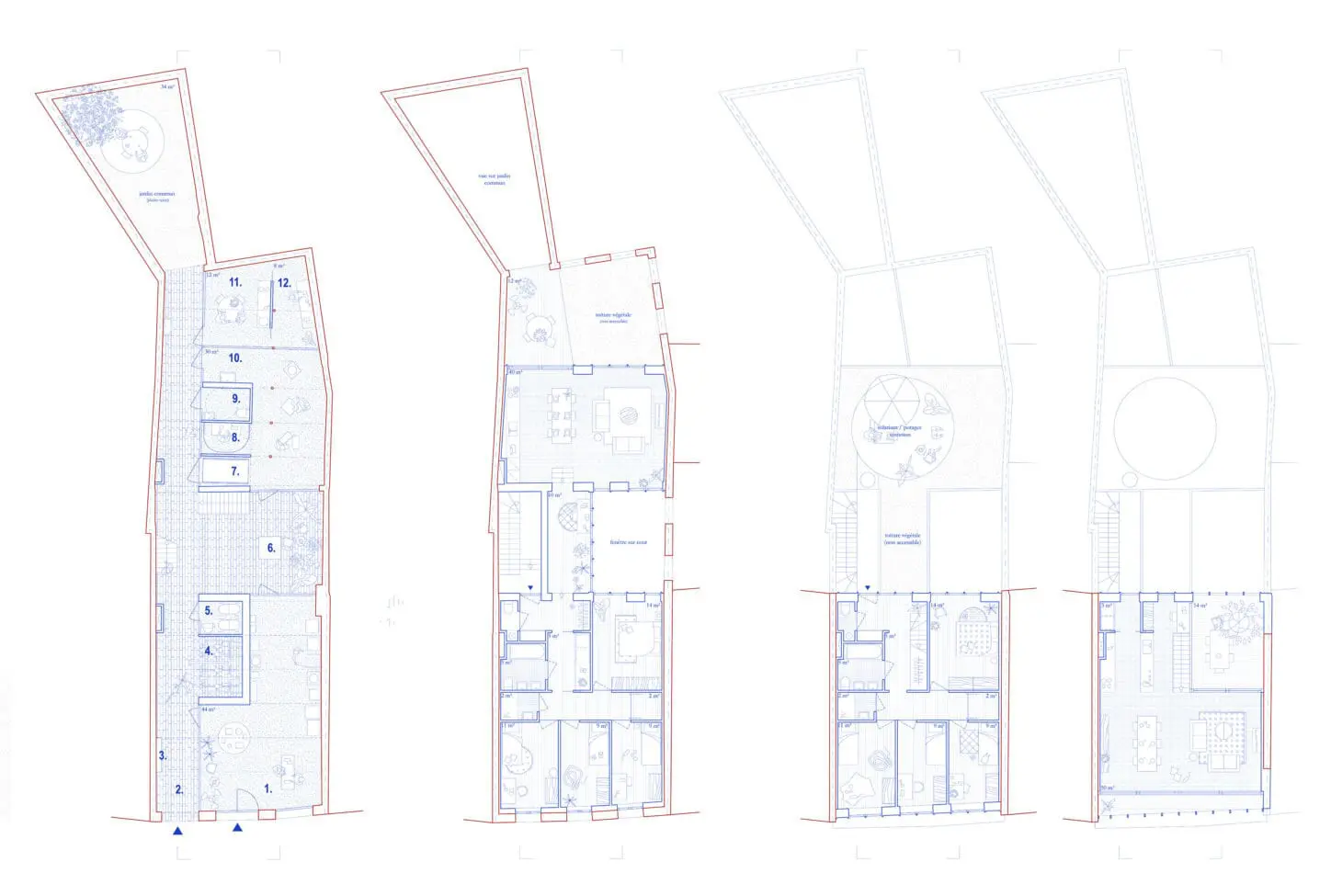 RUE HAUTE Circular renovation for social housing and retail, plan of groundfloor, first floor, second floor and third floor