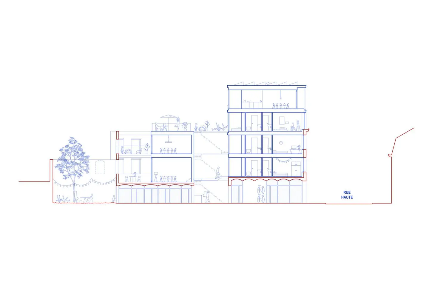 RUE HAUTE Circular renovation for social housing and retail, long section through the exterior circulation