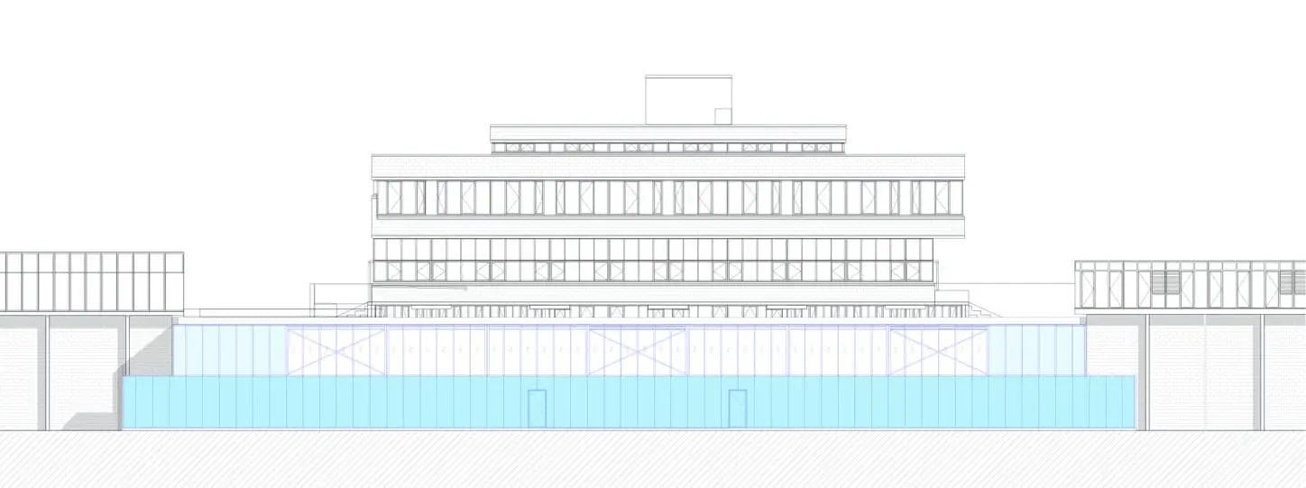 VUB VEC Renovation and extension of sport facilities, long facade of the centre for martial arts added to the existing sports facilities