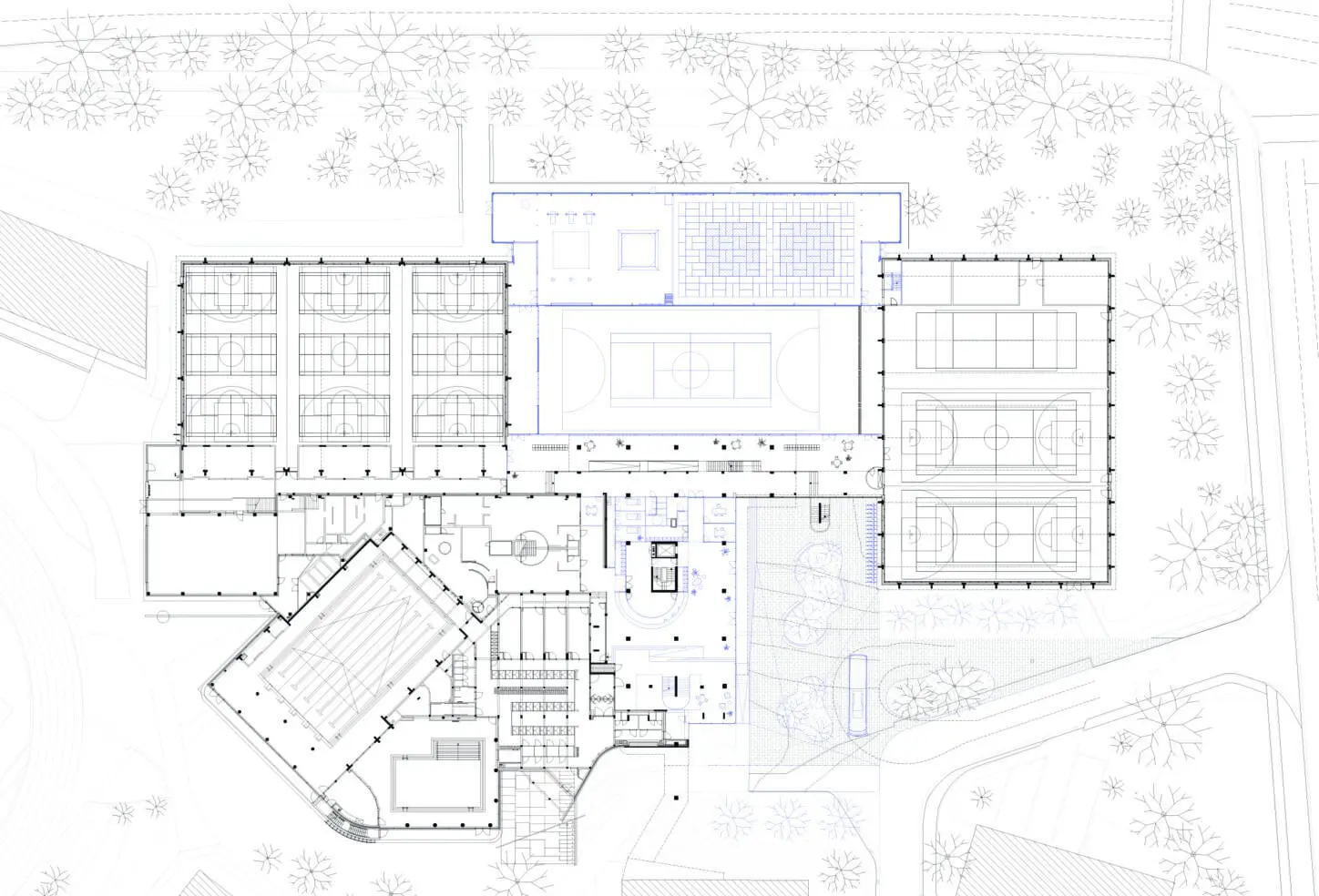 VUB VEC Renovation and extension of sport facilities, groundfloor plan with the centre for martial arts and reorganised circulation