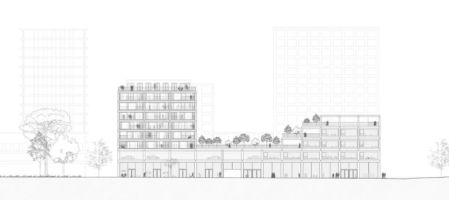 CITYDOX Mixed-use with productive activities, long side facade