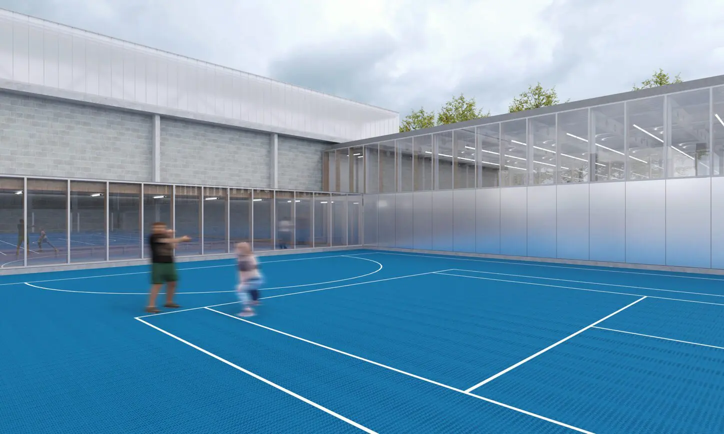 VUB VEC Renovation and extension of sport facilities, render of the centre for martial arts and its connection to the existing sports facilities