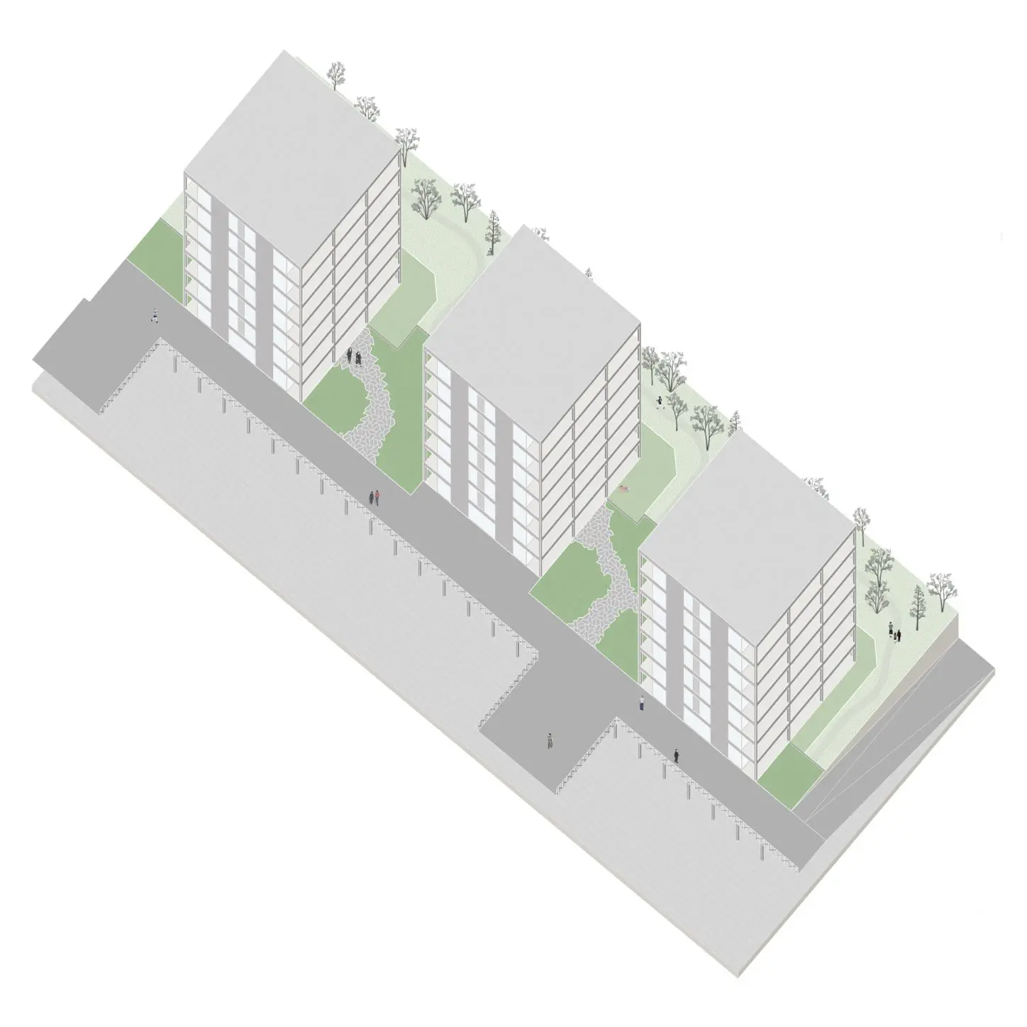 DELEERS Construction of 3 urban villas and productive activities, project axonometri