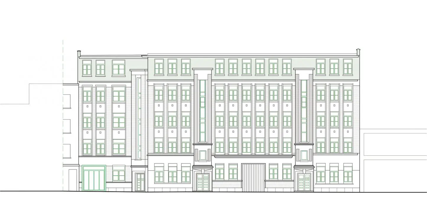LIVERPOOL Circular renovation of Art Déco buildings, elevation street facade