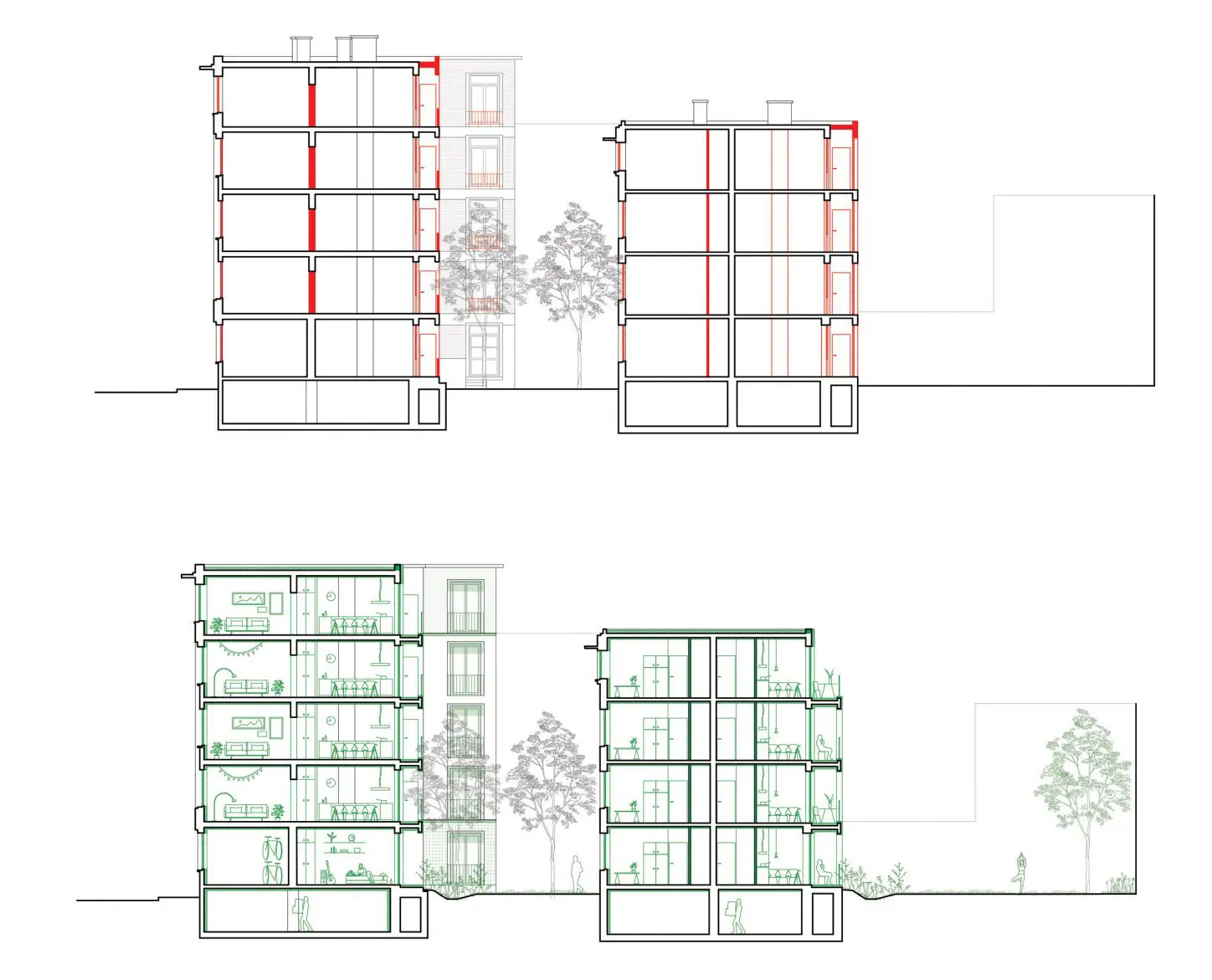 LIVERPOOL Circular renovation of Art Déco buildings, transversal section of the existing situation and project