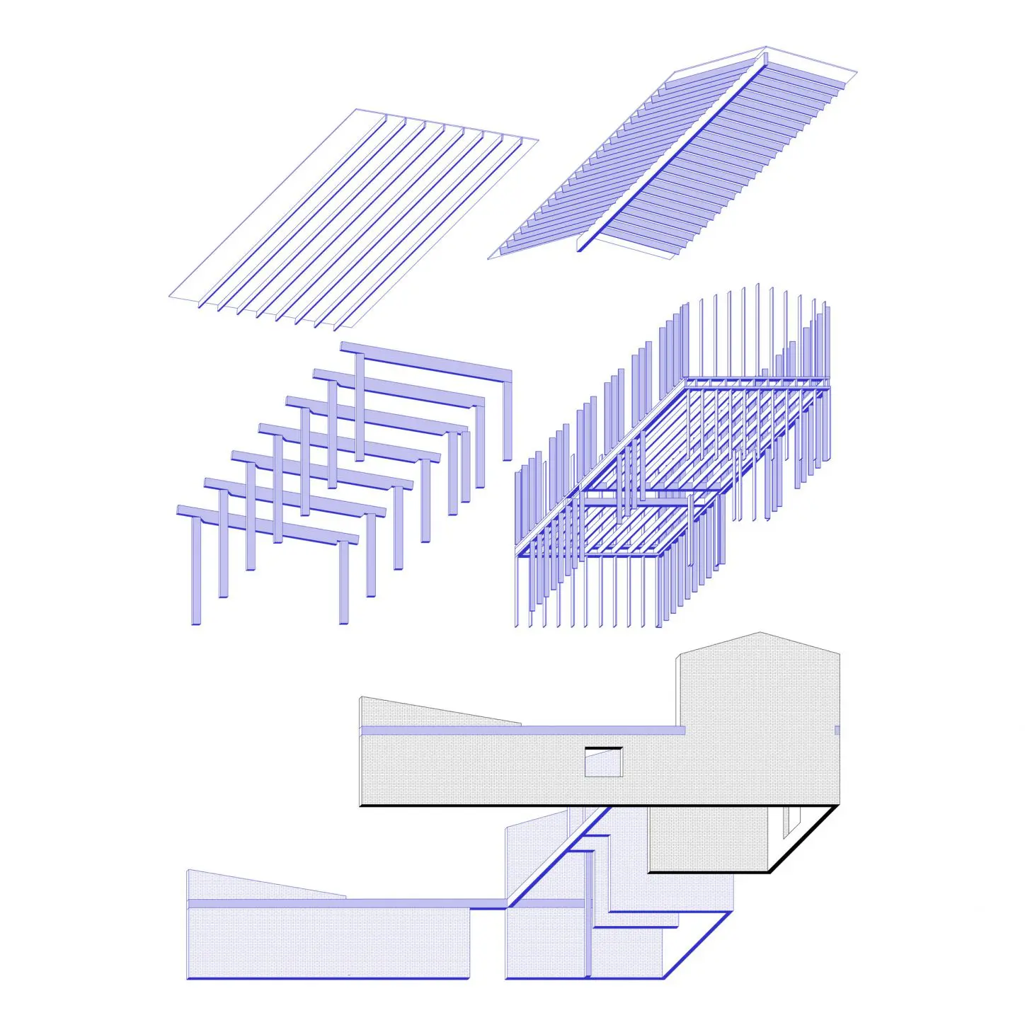 VIJVERHOEK Renovation and extension of a house in rural area, axonometric view of the structure