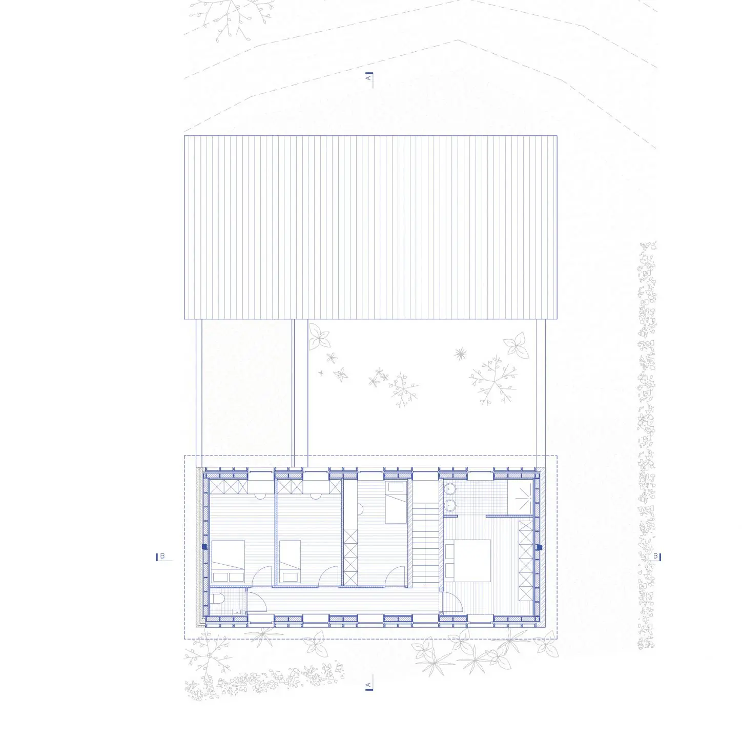 VIJVERHOEK Renovation and extension of a house in rural area, first floor plan of the new house organised around a central patio
