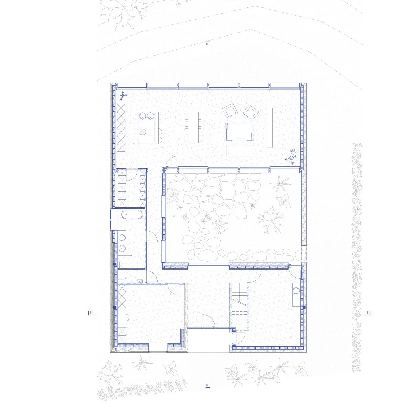 VIJVERHOEK Renovation and extension of a house in rural area, ground floor plan of the new house organised around a central patio