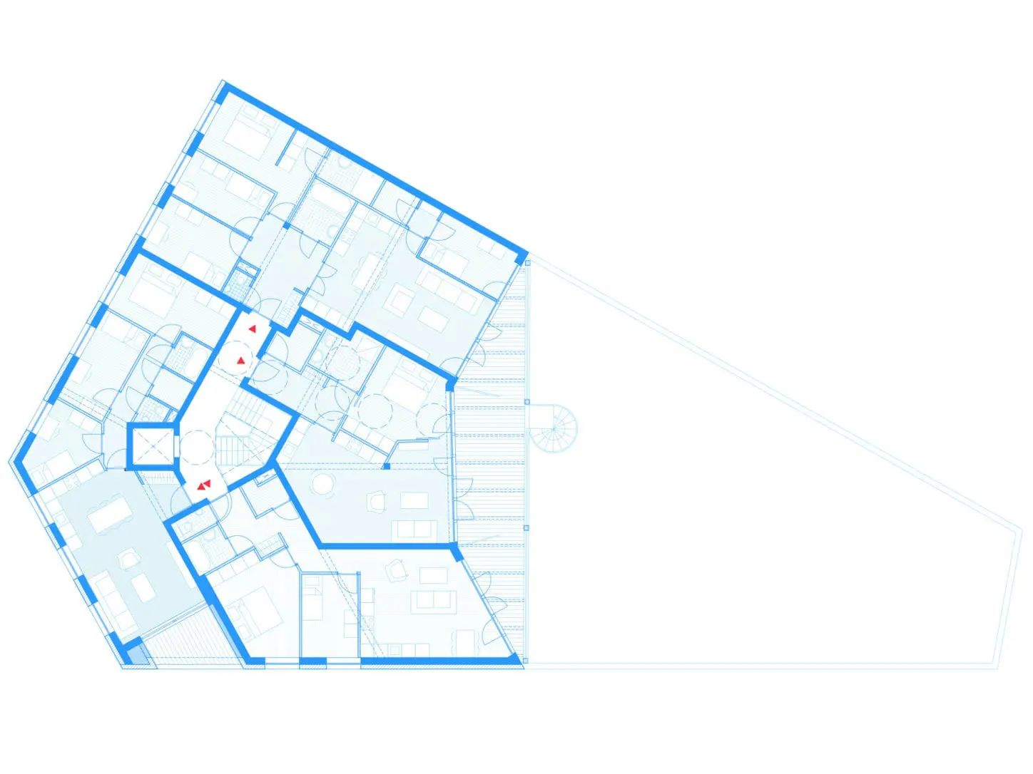 MASUI Reconversion of a warehouse into intergenerational collective housing, plan second floor with timber frame construction