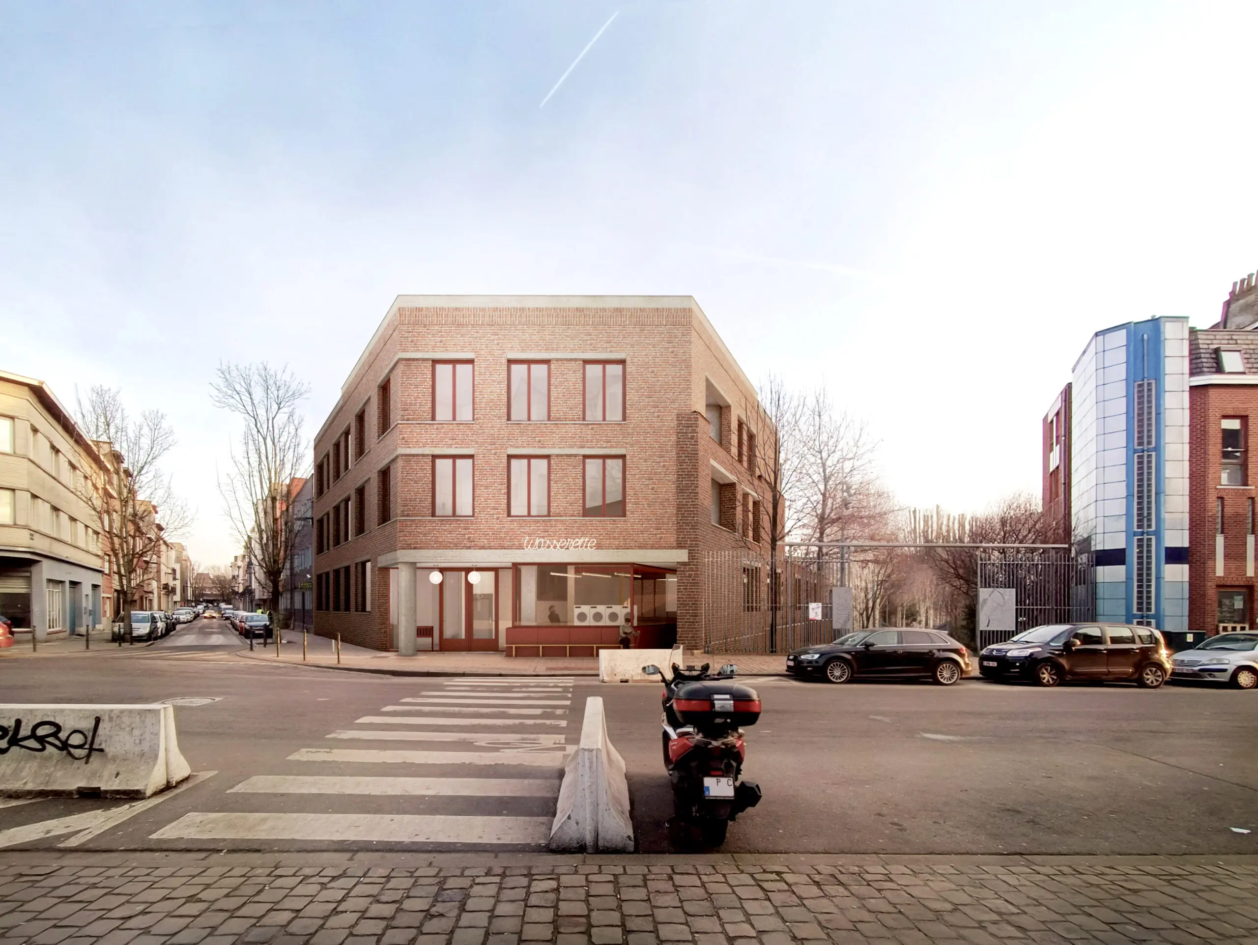 MASUI Reconversion of a warehouse into intergenerational collective housing, render of the street facade with a composition af multiple reclaimed bricks