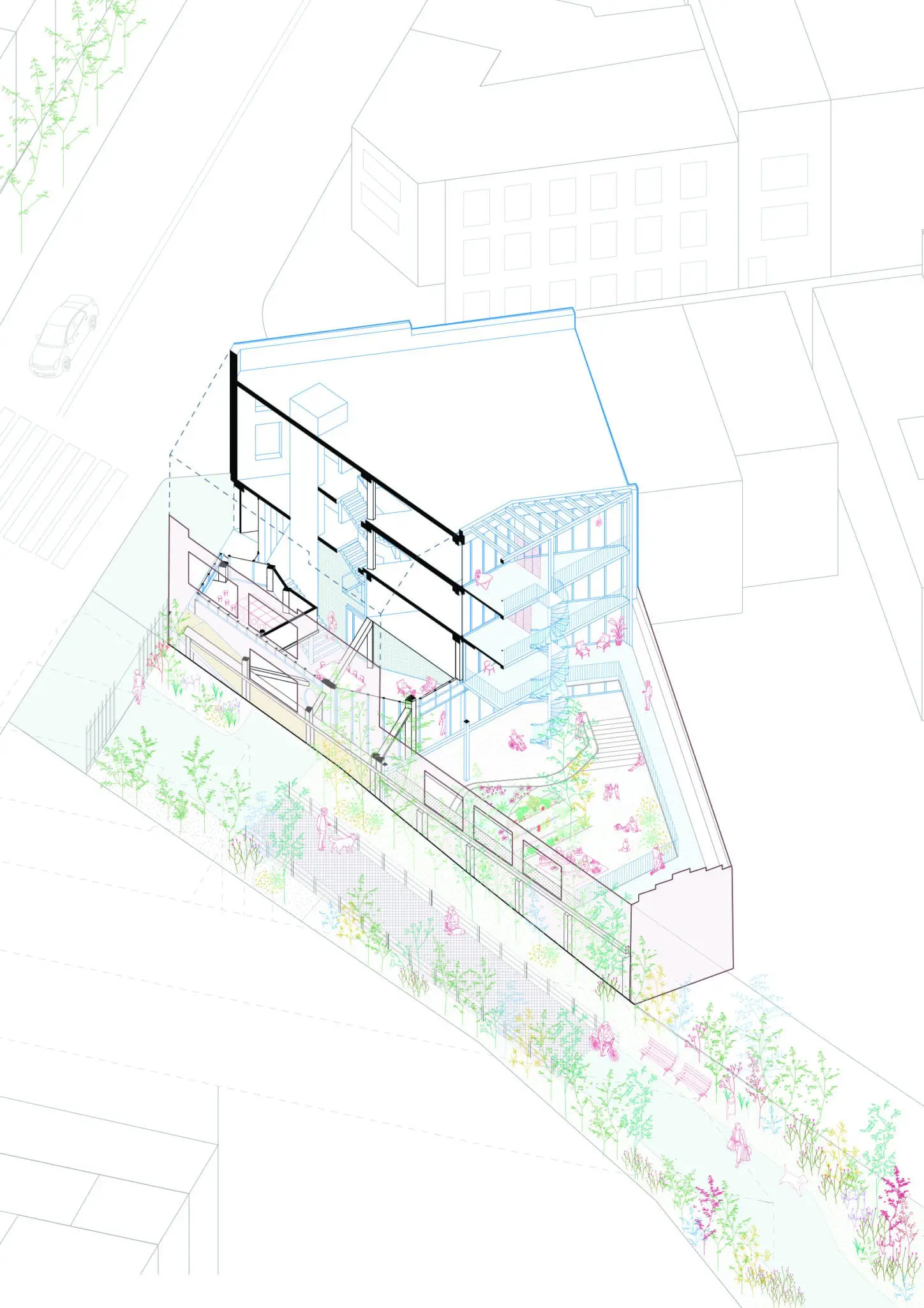 MASUI Reconversion of a warehouse into intergenerational collective housing, axonometric section showing the organisation