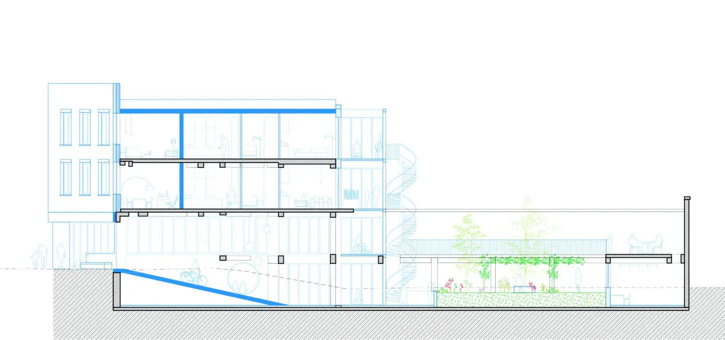 MASUI Reconversion of a warehouse into intergenerational collective housing, longitudinal section