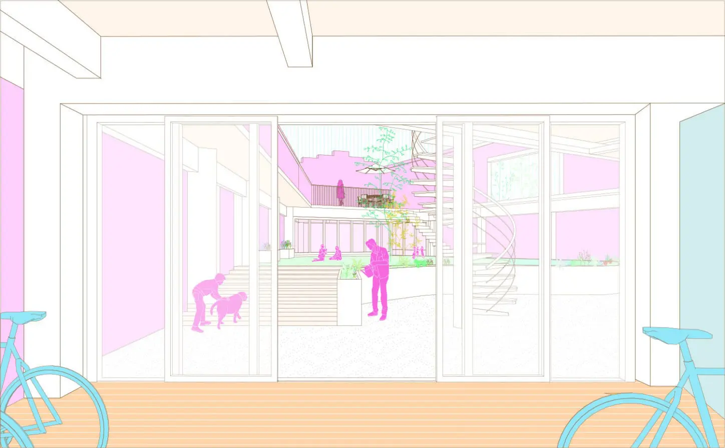 MASUI Reconversion of a warehouse into intergenerational collective housing, sketch relation bicycle parking and common garden