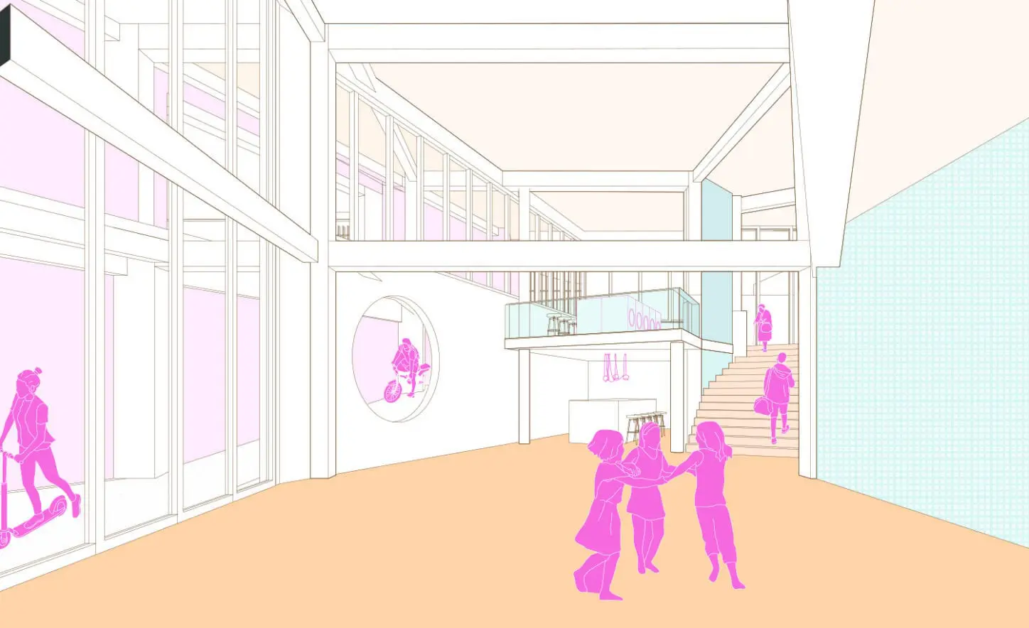MASUI Reconversion of a warehouse into intergenerational collective housing, sketch double-height polyvalent space