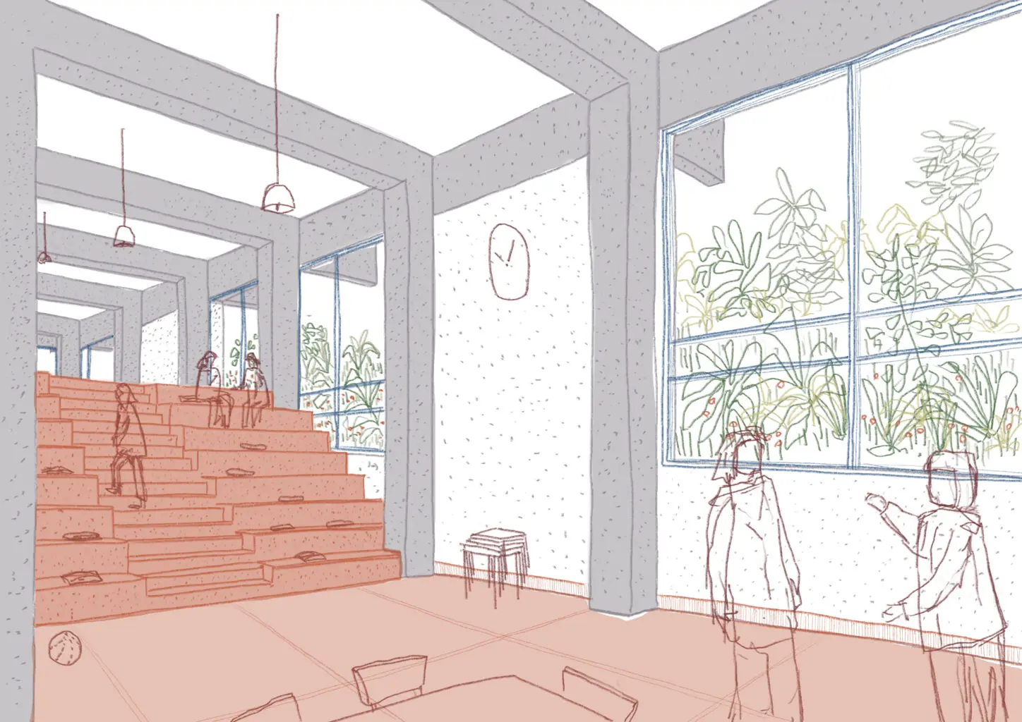 MOUTONS, Urban villa as intergenerational collective housing, sketch polyvalent space