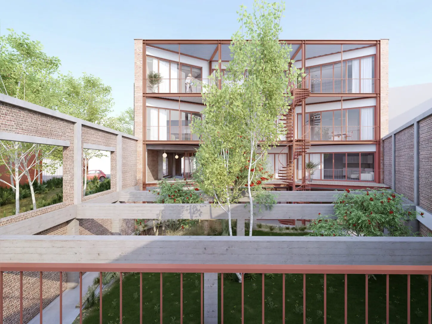 MASUI Reconversion of a warehouse into intergenerational collective housing, render of the back facade and common garden