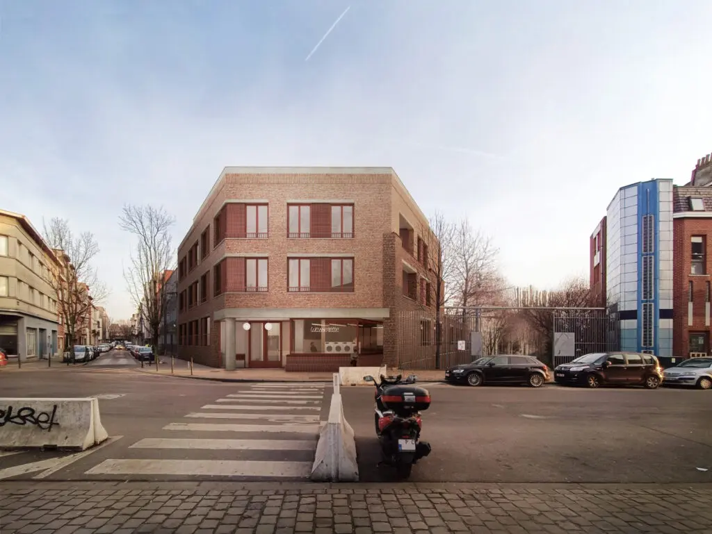MASUI Reconversion of a warehouse into intergenerational collective housing, render of the street facade with a composition af multiple reclaimed bricks