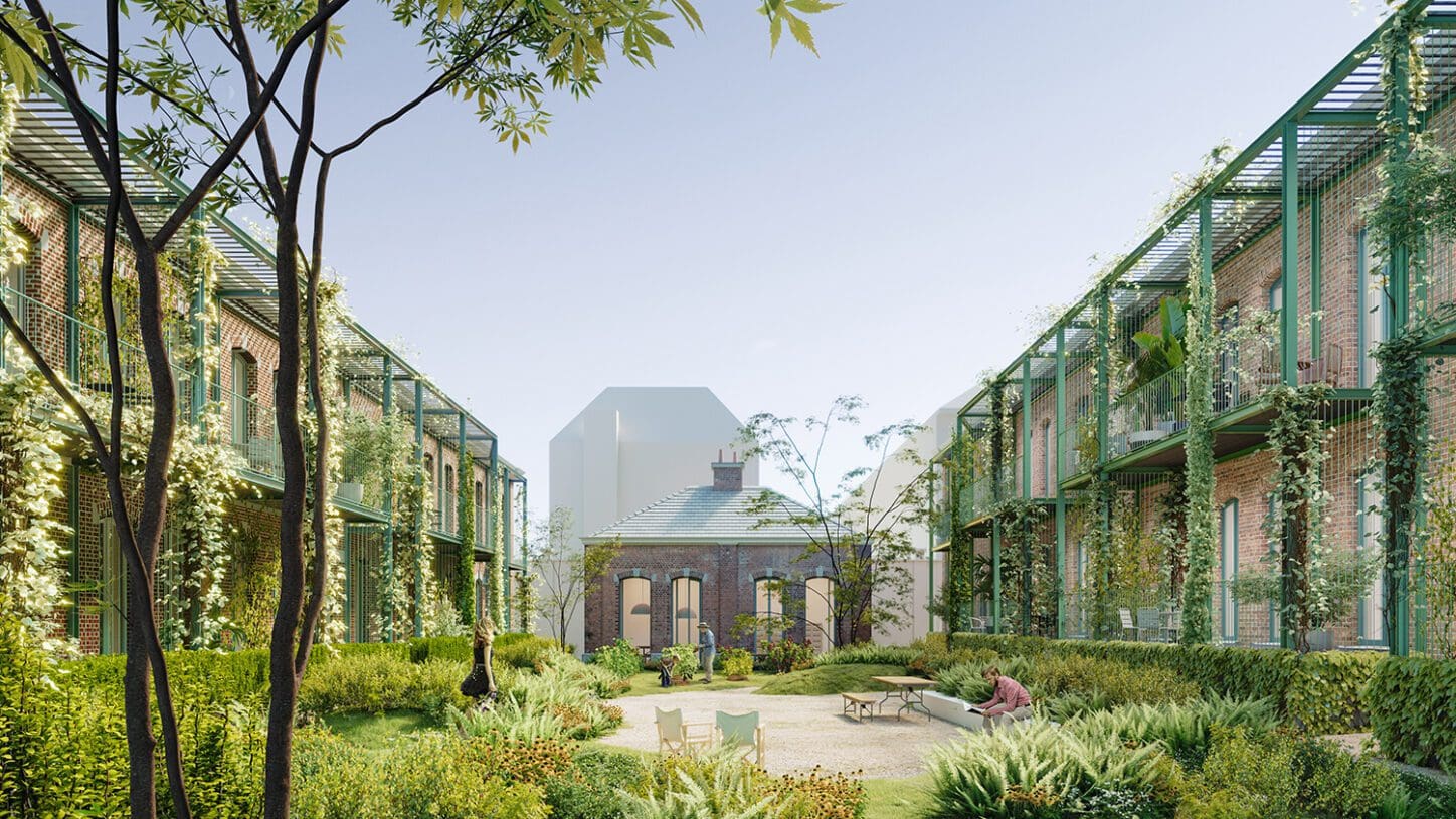 CLOS DES MARIES Circular renovation of heritage buildings, render of large terraces and common garden