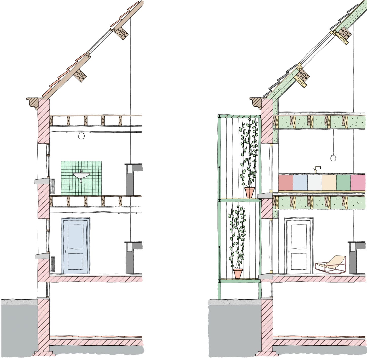 CLOS DES MARIES Circular renovation of heritage buildings, schematic section of the circular renovation solutions