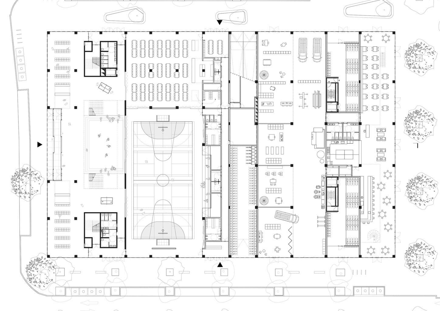 CITYDOX Mixed-use with productive activities, groundfloor plan with commercial and productive activities, and the plan of the school.