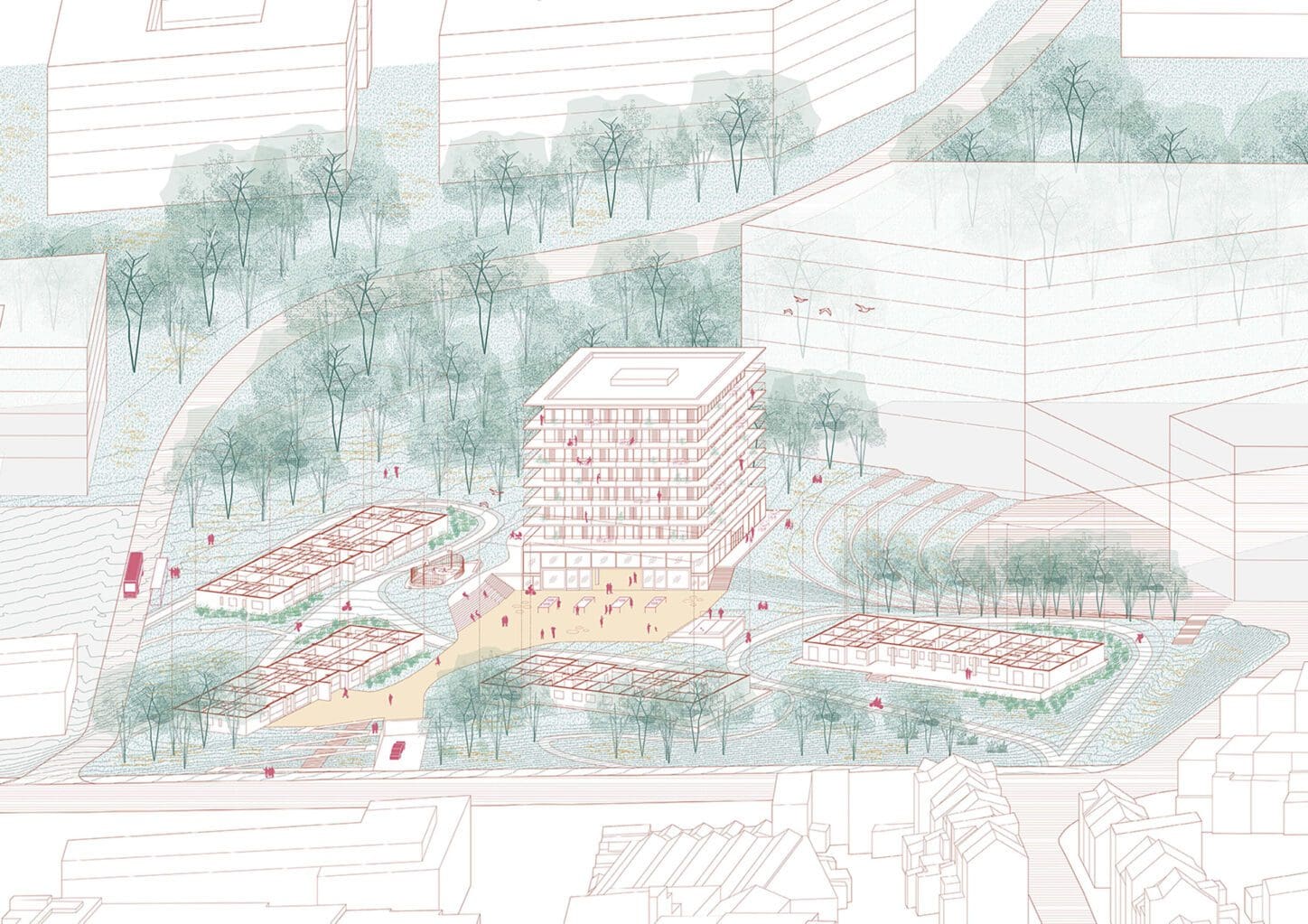 EVENEPOEL Urban villa as a social catalyst, axonometric view of the buildings and its surroundings