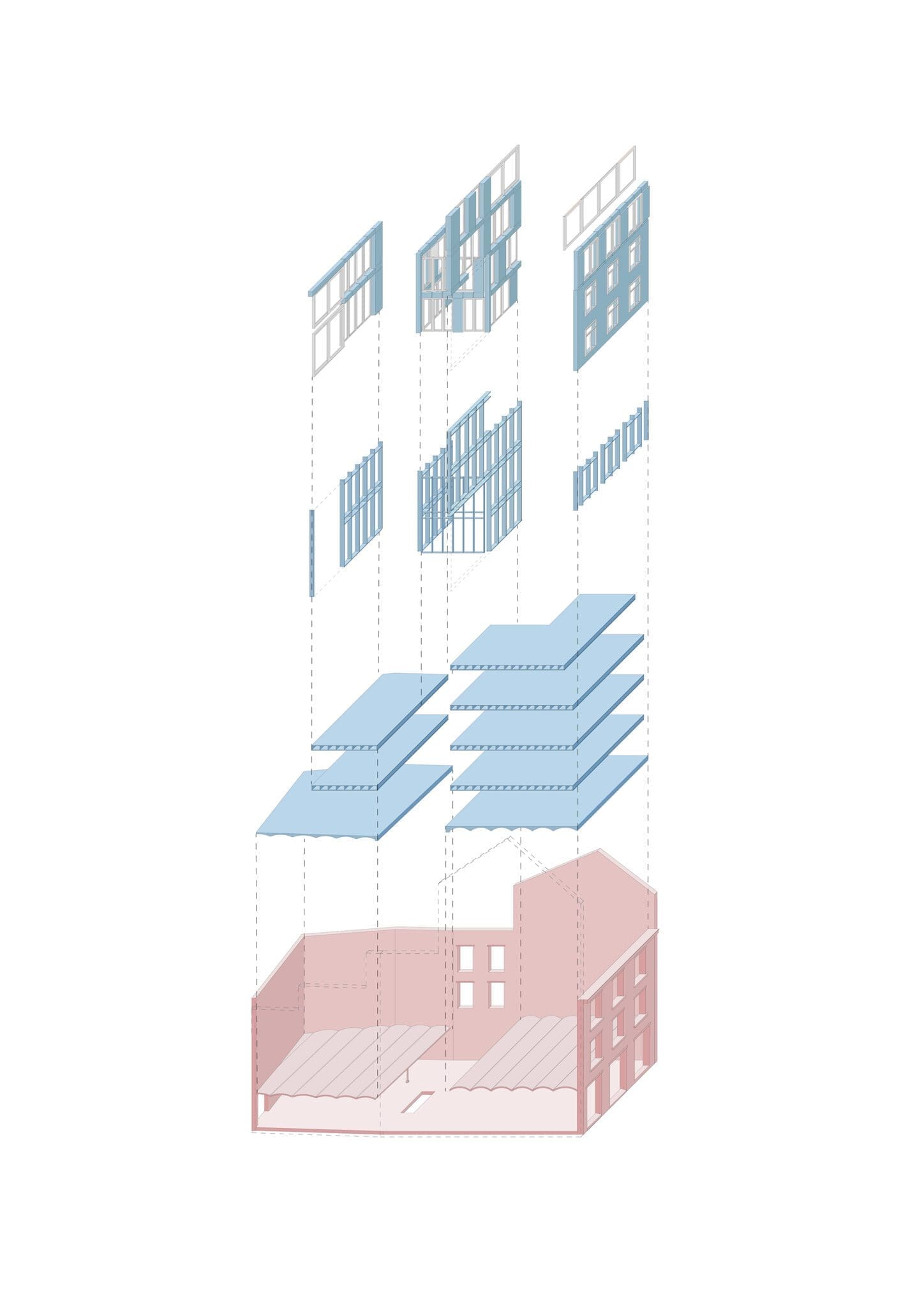 RUE HAUTE Circular renovation for social housing and retail, exploded axonometric view of the existing structure and de new wooden infill structure