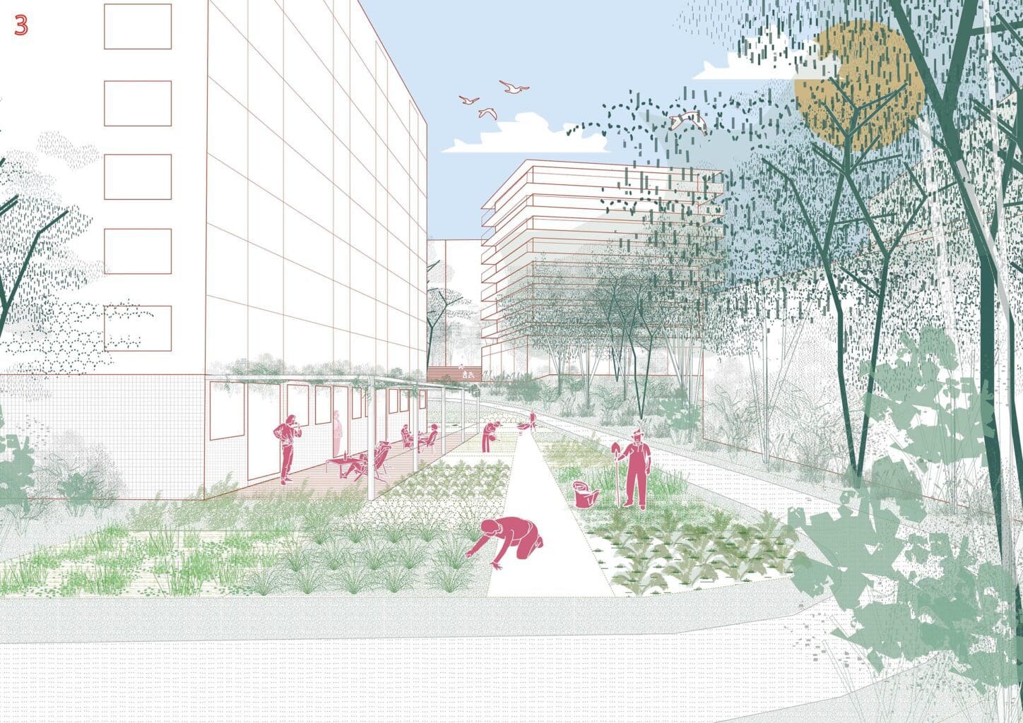 EVENEPOEL Urban villa as a social catalyst, collage of the collective gardens