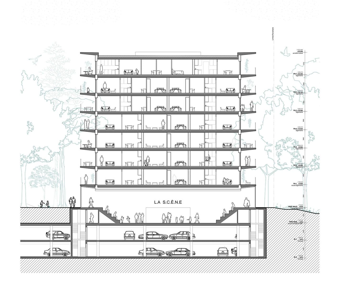 EVENEPOEL Urban villa as a social catalyst, section through the building with its deep terraces