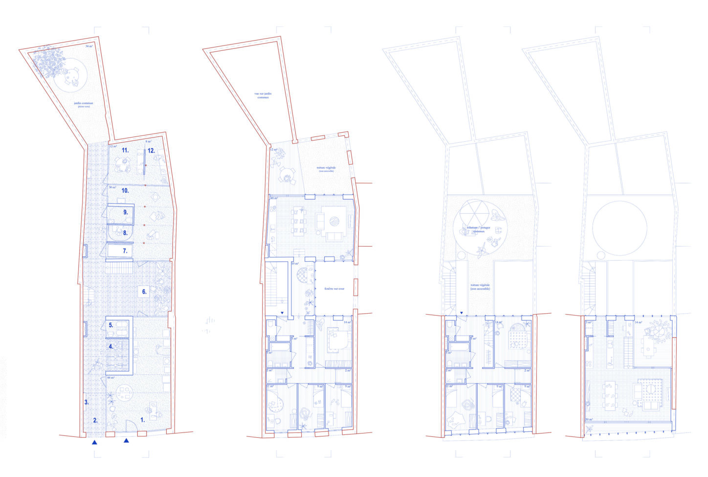 RUE HAUTE Circular renovation for social housing and retail, plan of groundfloor, first floor, second floor and third floor