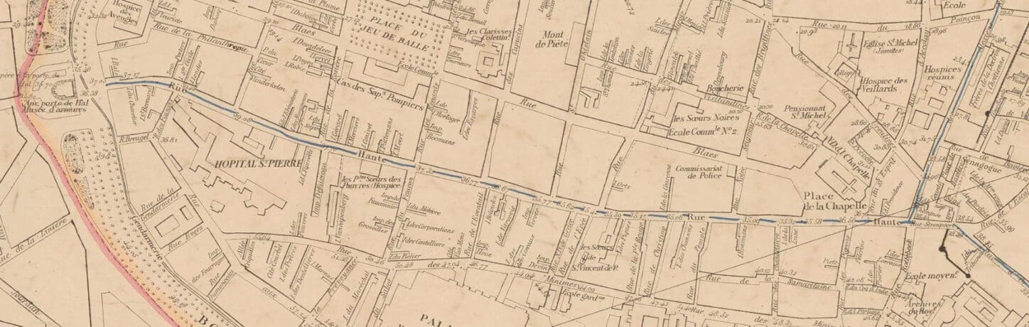 RUE HAUTE Circular renovation for social housing and retail, archive plan of the Hoogstreet with its multiple transversal alleys