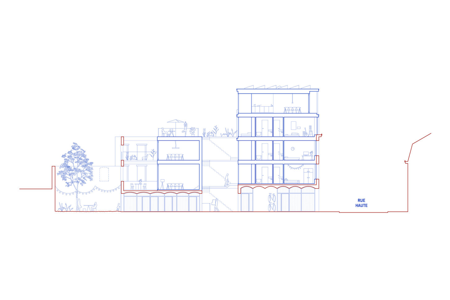 RUE HAUTE Circular renovation for social housing and retail, long section through the exterior circulation