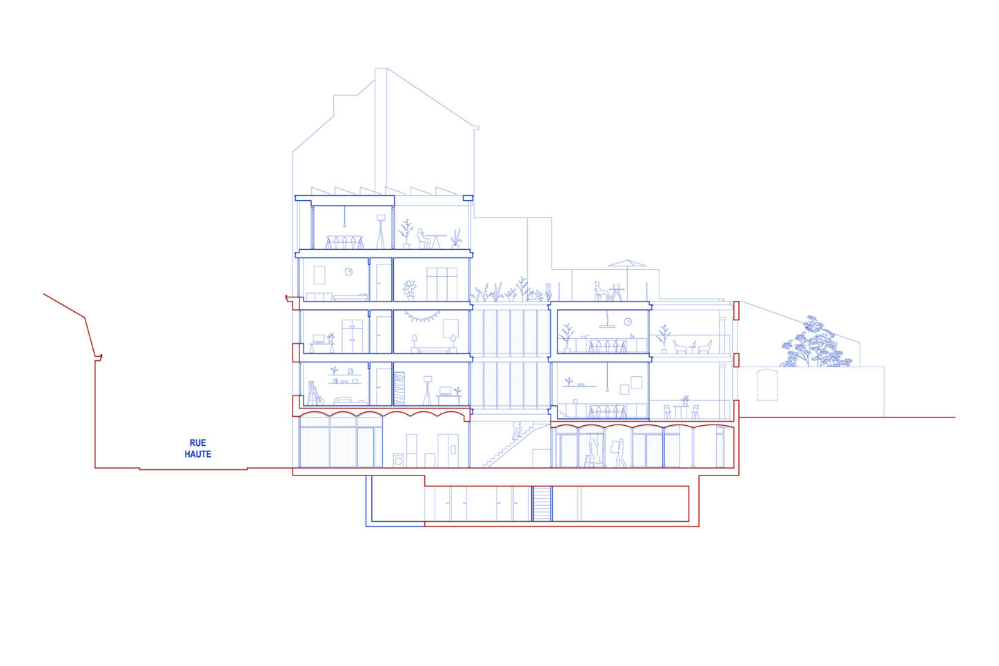 RUE HAUTE Circular renovation for social housing and retail, long section through the patio with the combination of existing and new materials