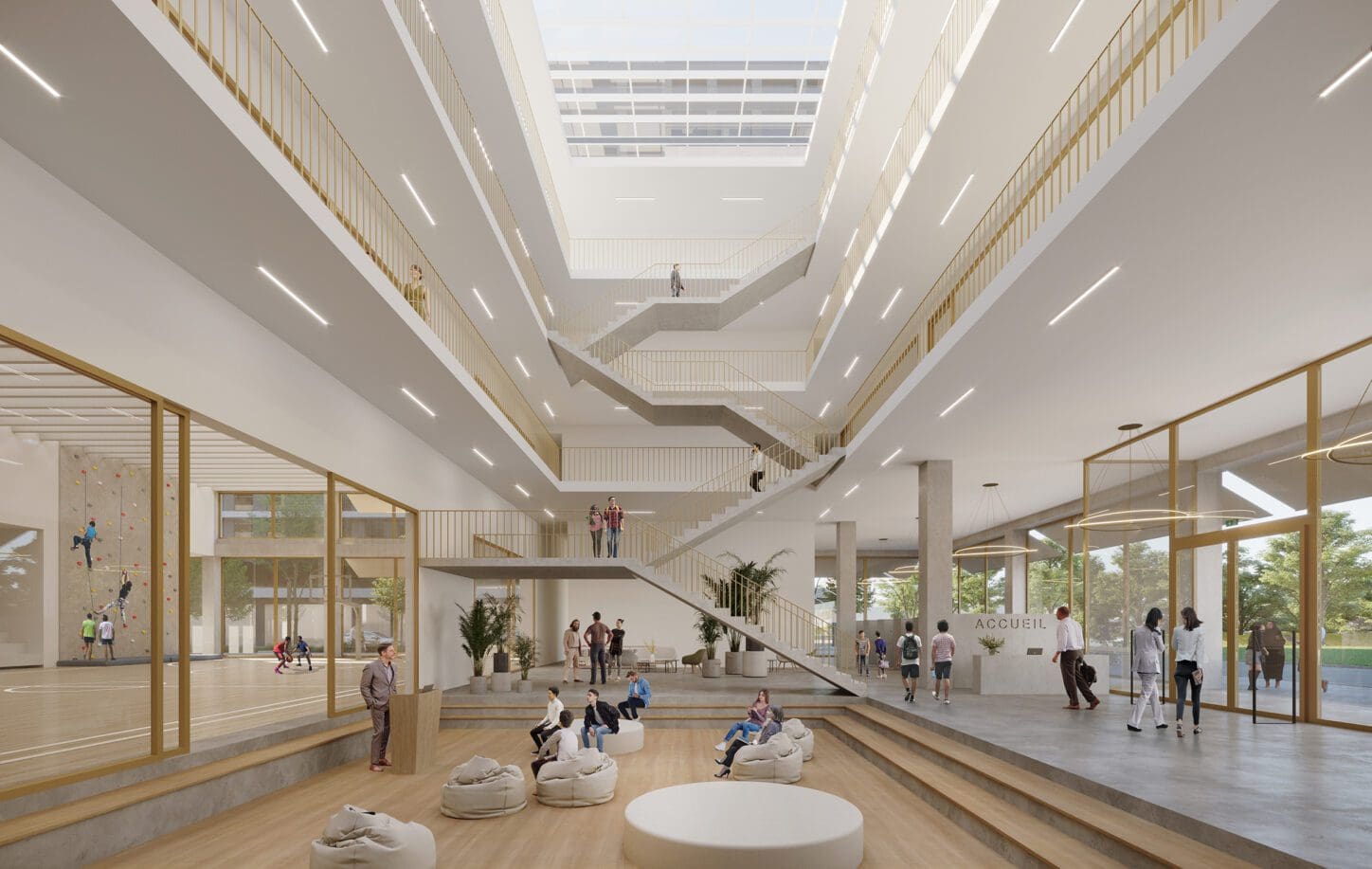 CITYDOX Mixed-use with productive activities, render of the central school atrium