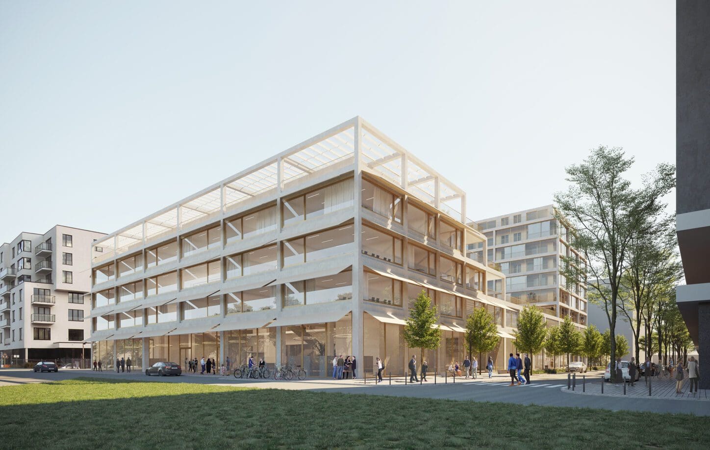 CITYDOX Mixed-use with productive activities, render of the school facade