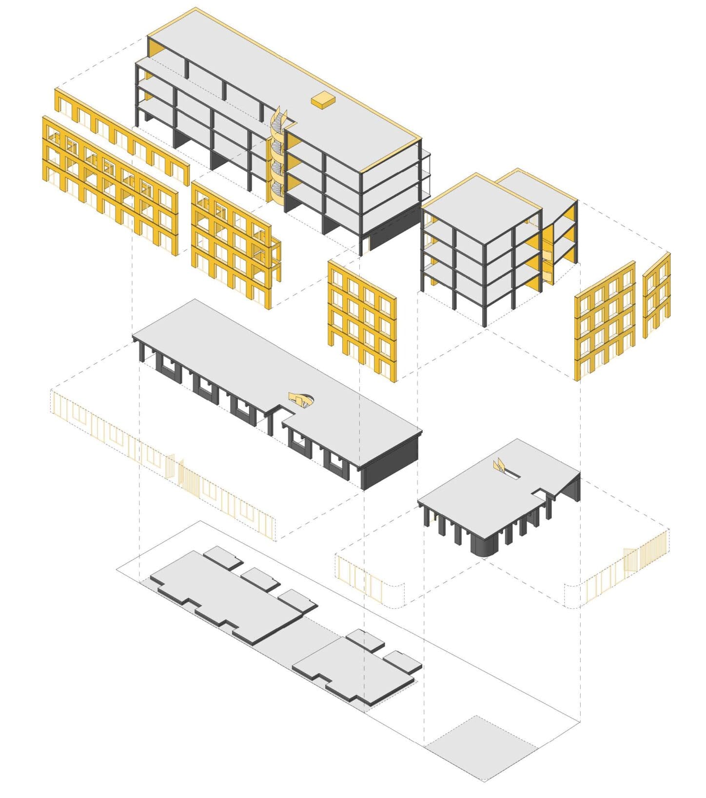 TIVOLI Co-housing project with participative process, exploded axonometric view of the generic structure and wood facade components