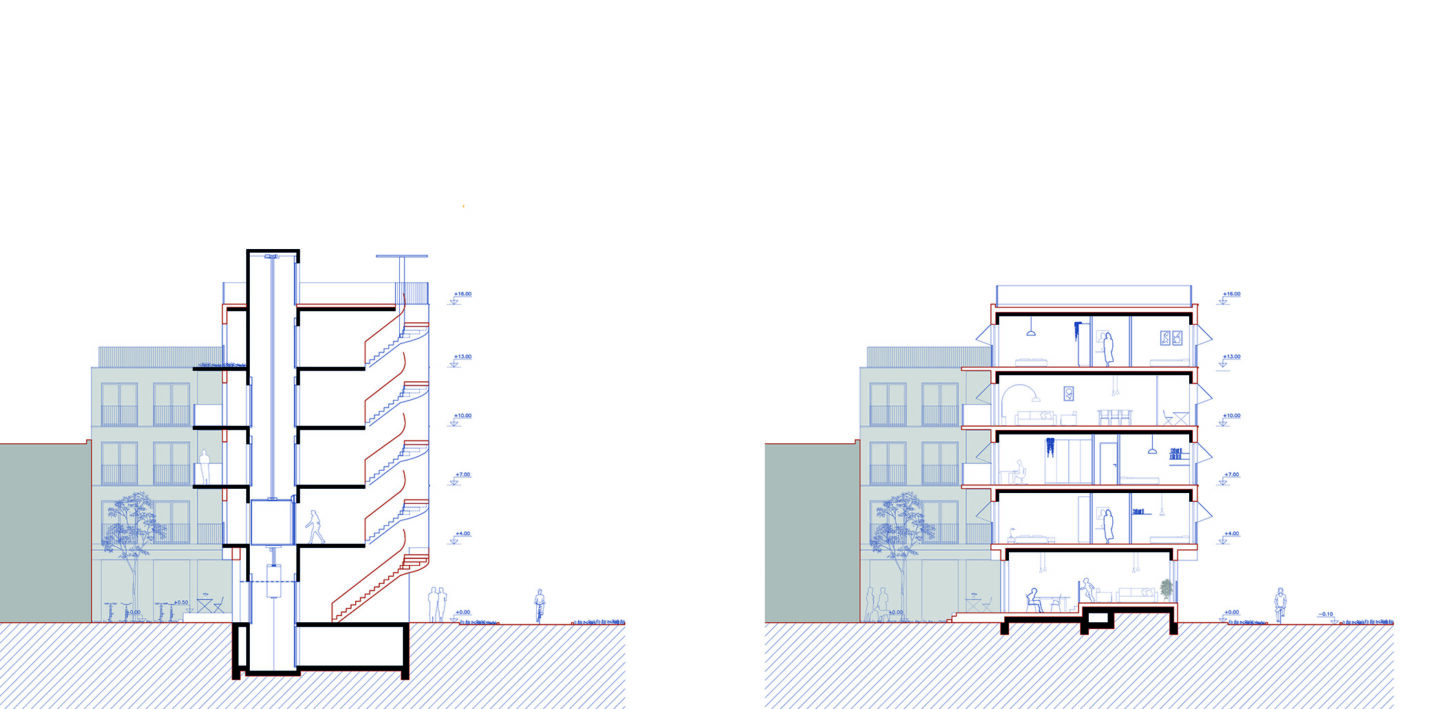 TIVOLI Co-housing project with participative process, short sections through circulation and apartments