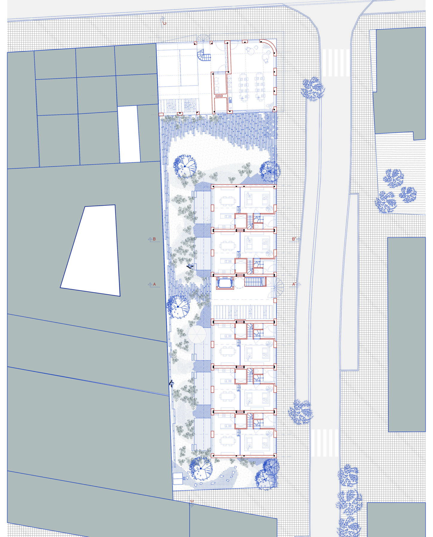 TIVOLI Co-housing project with participative process, site plan with private and common garden