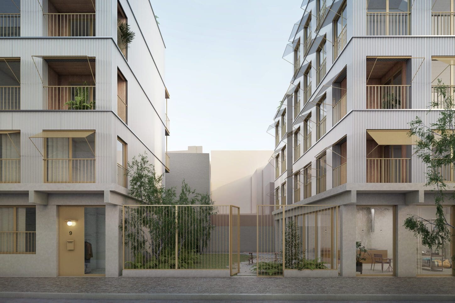 TIVOLI Co-housing project with participative process, render of the entrance to the common garden