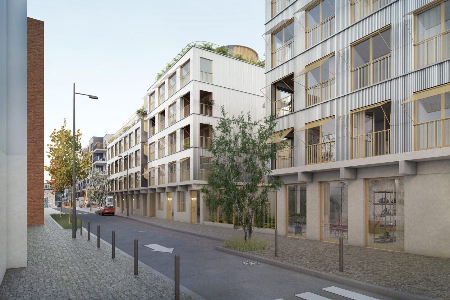 TIVOLI Co-housing project with participative process, render of street facade with lightweight metal facade cladding