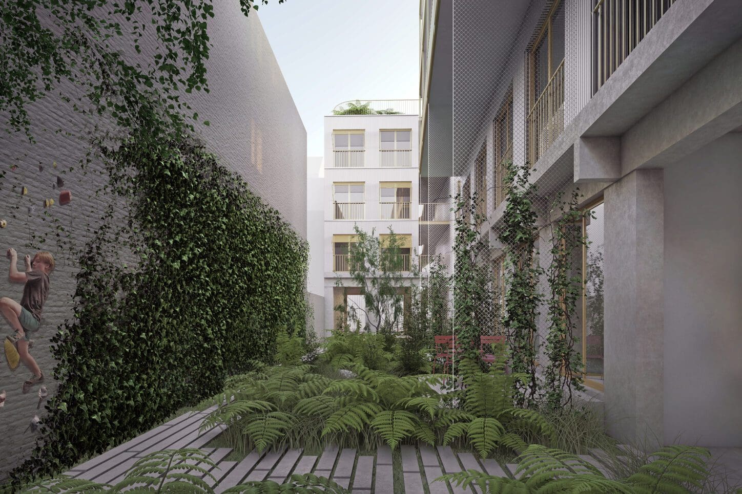 TIVOLI Co-housing project with participative process, render of the private and common gardens