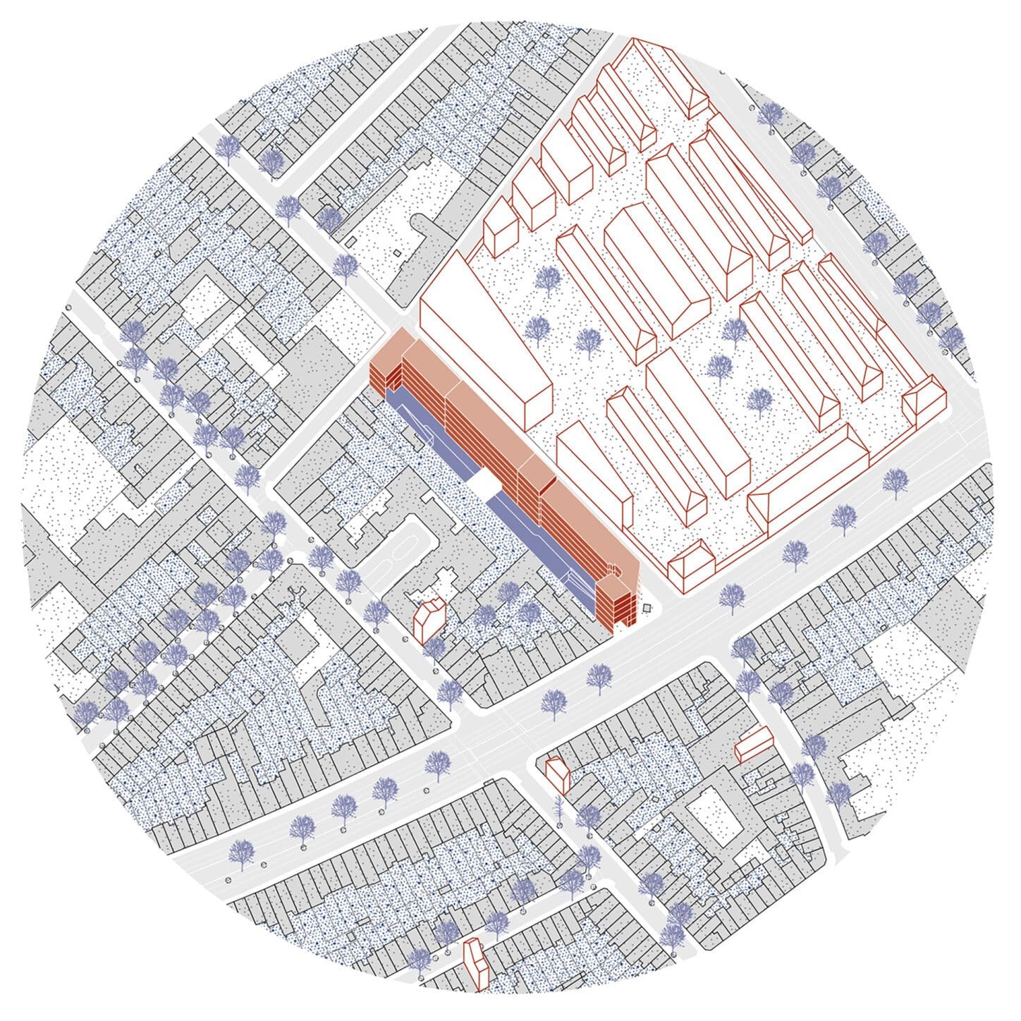 GENERAL JACQUES Circular renovation of social housing, axonometric view of the building and its surroundings