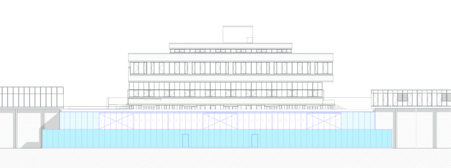 VUB VEC Renovation and extension of sport facilities, long facade of the centre for martial arts added to the existing sports facilities