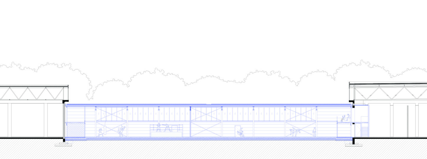 VUB VEC Renovation and extension of sport facilities, long section with the centre for martial arts added to the existing sports facilities