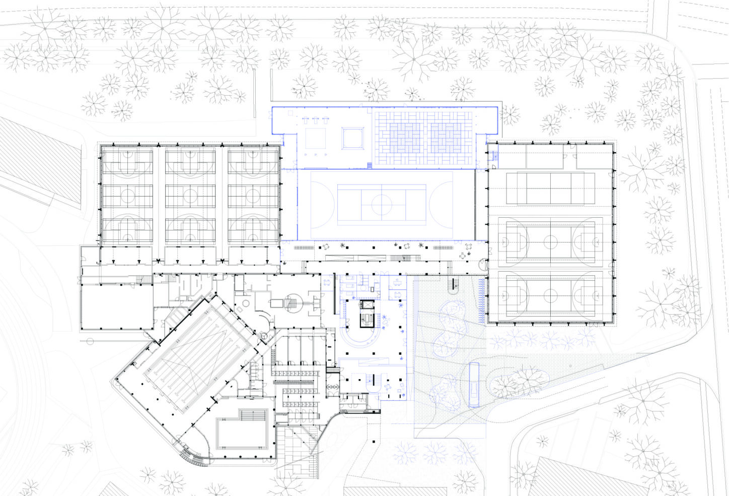 VUB VEC Renovation and extension of sport facilities, groundfloor plan with the centre for martial arts and reorganised circulation