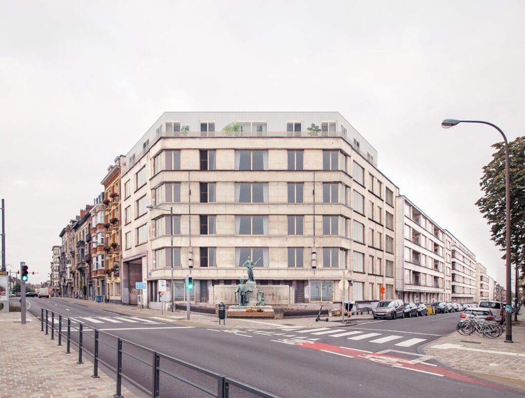 GENERAL JACQUES Circular renovation of social housing, collage of street facade with lightweight roof extension