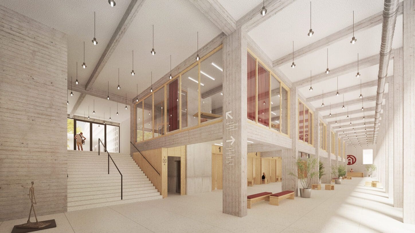 AUDERGHEM Renovation of the town hall and cultural centre, render of the communal services in the new double high space