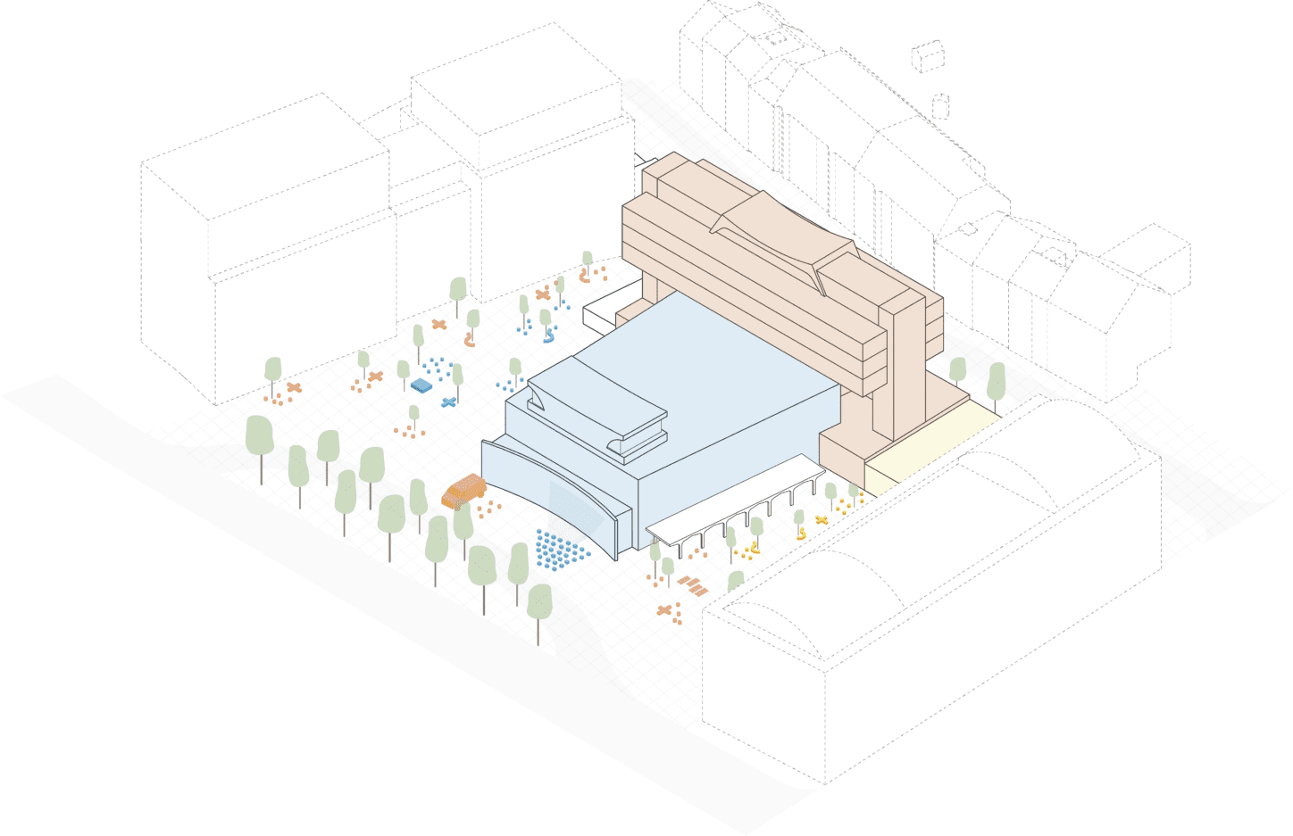 AUDERGHEM Renovation of the town hall and cultural centre, axonometric scheme of the components of the modernistic building complex