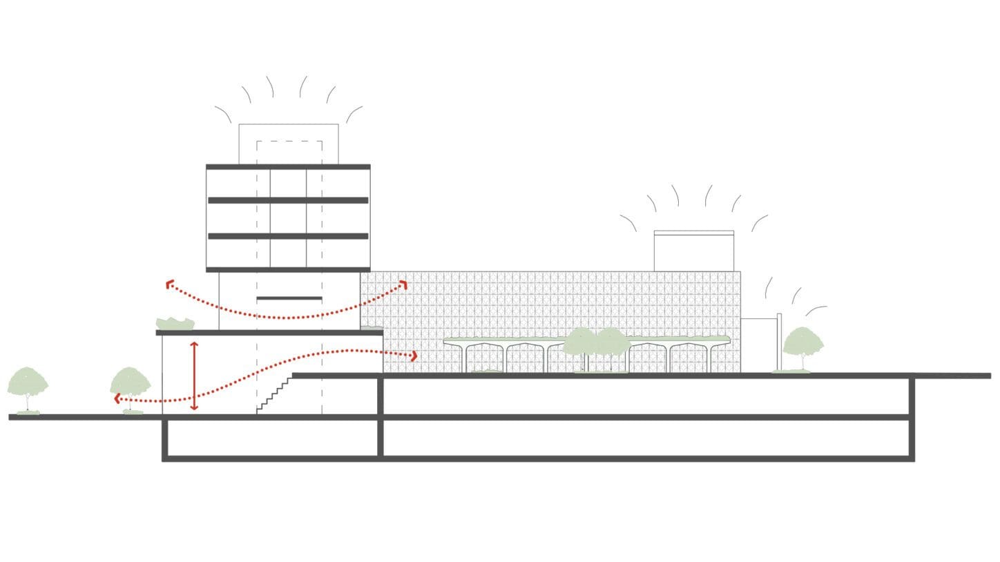 AUDERGHEM Renovation of the town hall and cultural centre, section scheme of the circulation through the building reconnecting its entrances