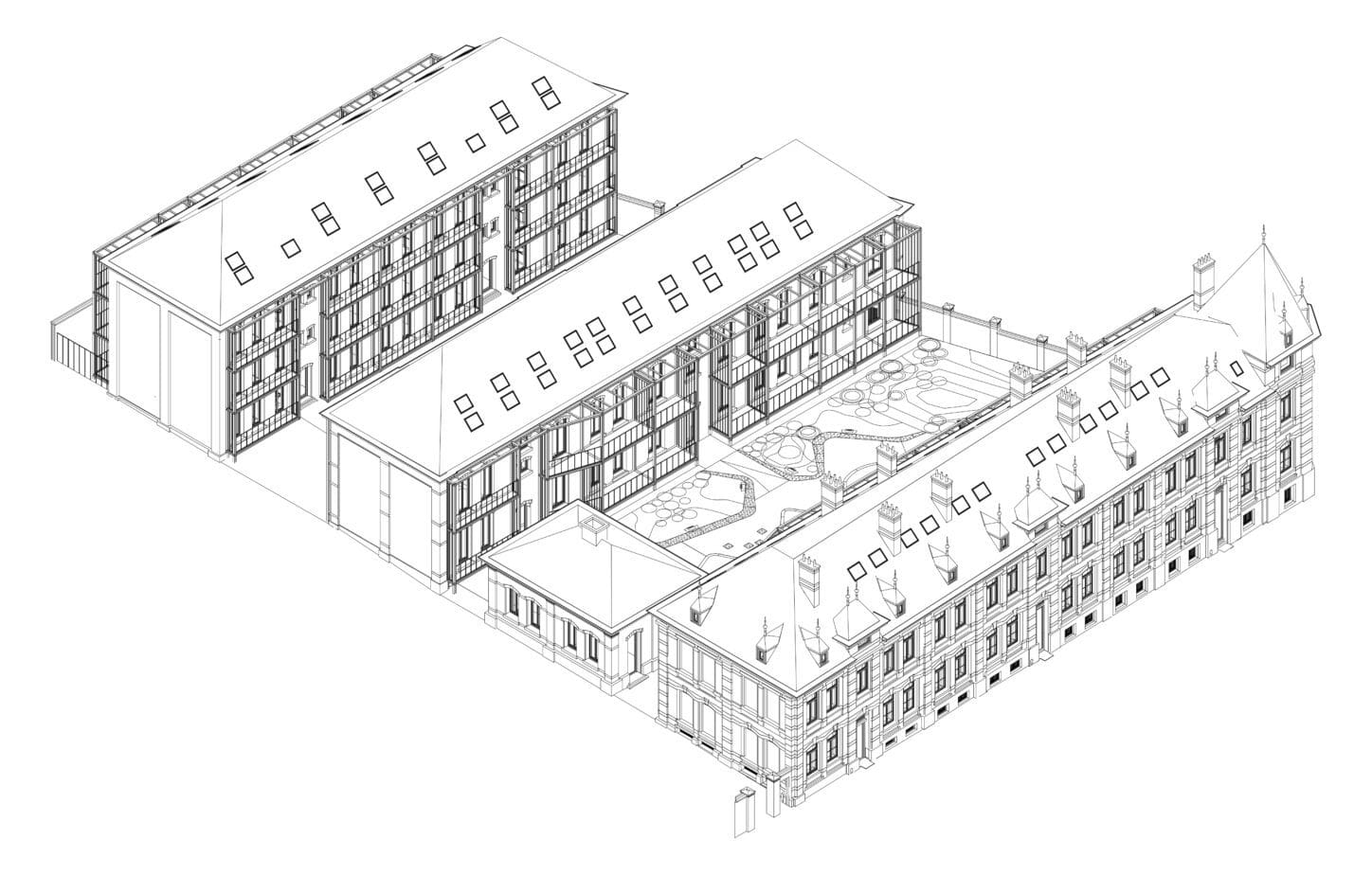 CLOS DES MARIES Circular renovation of heritage buildings, axonometric view of the different buildings and the common gardens