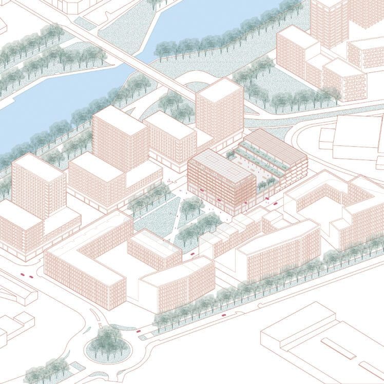 CITYDOX Mixed-use with productive activities, axonometric view of the building and its surroundings